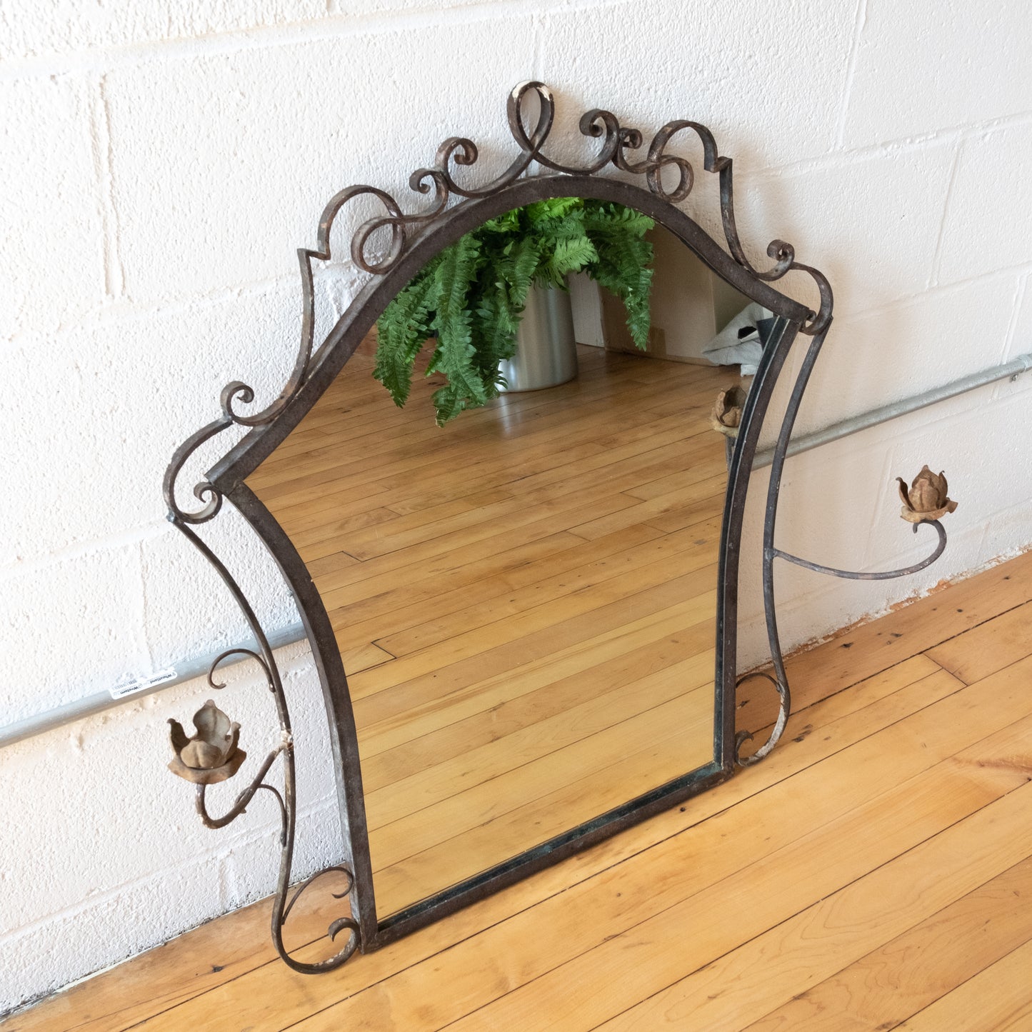 Antique Wrought Iron Mirror with Floral Candle Sconces