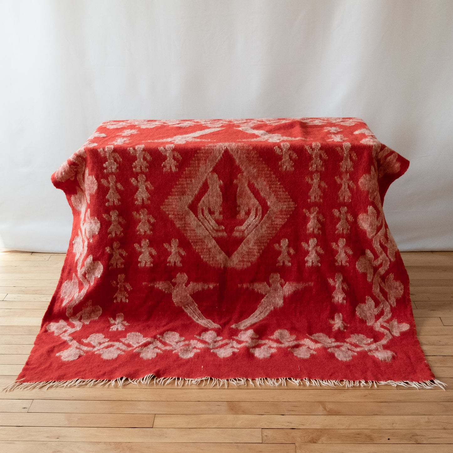 Vintage Red Wool Blanket with Parrots and Flowering Vines