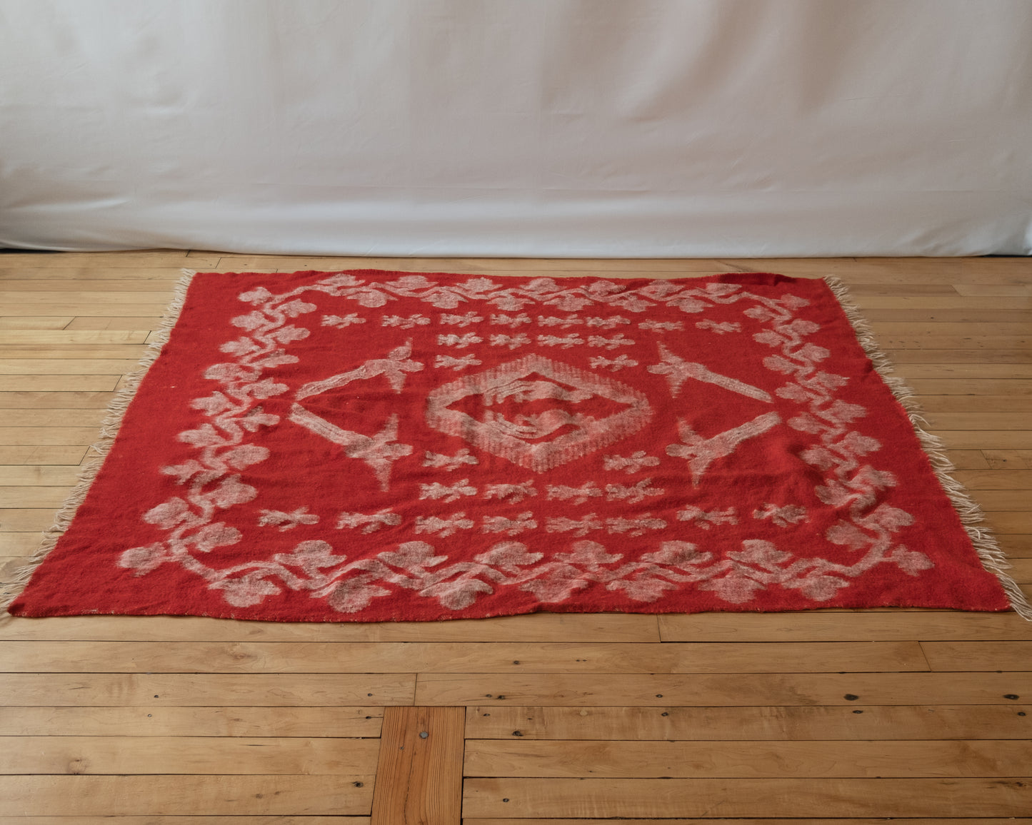 Vintage Red Wool Blanket with Parrots and Flowering Vines
