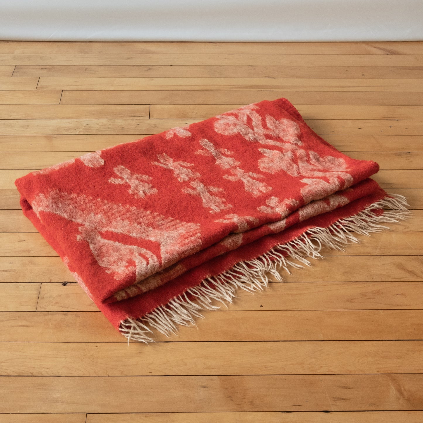 Vintage Red Wool Blanket with Parrots and Flowering Vines