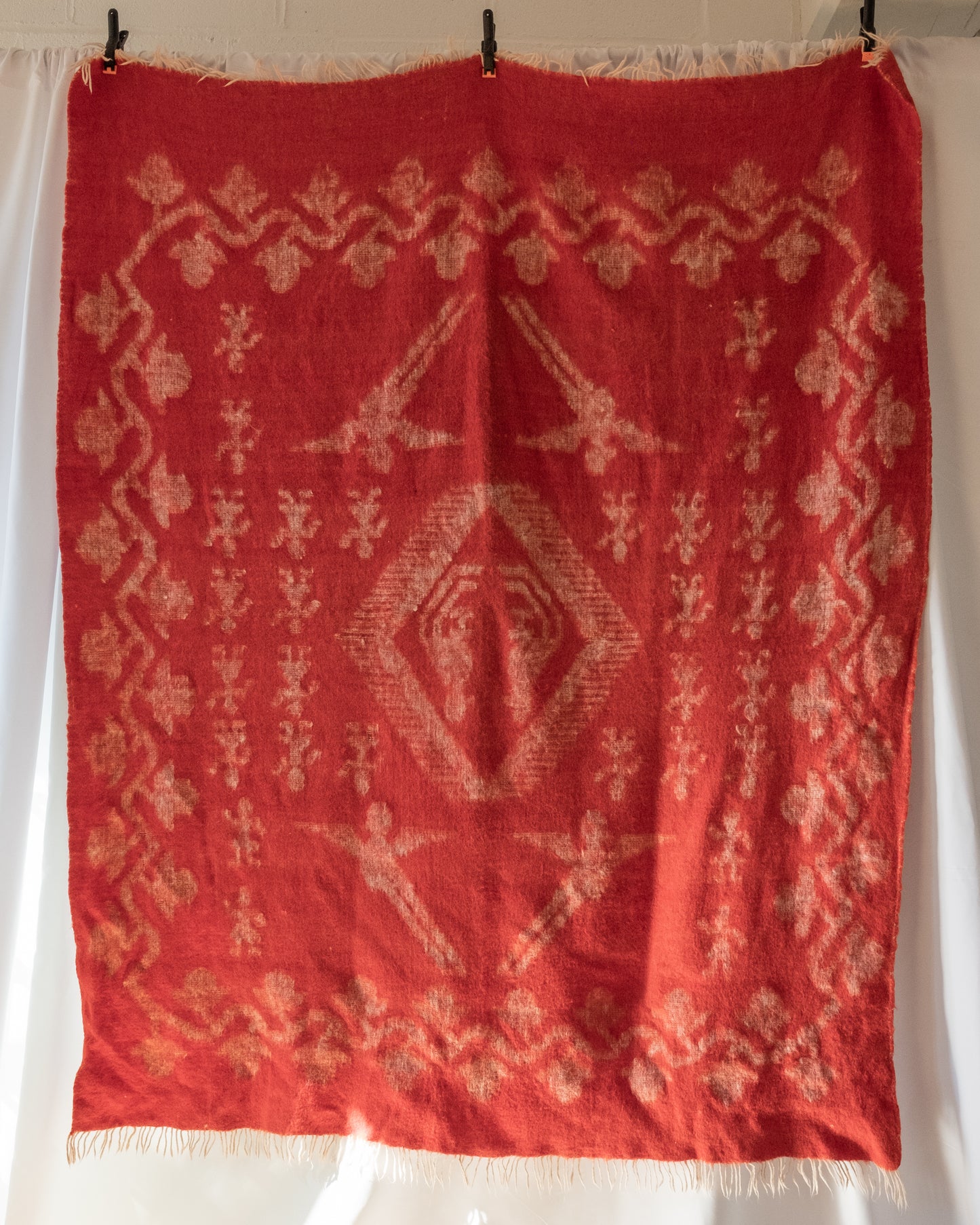 Vintage Red Wool Blanket with Parrots and Flowering Vines