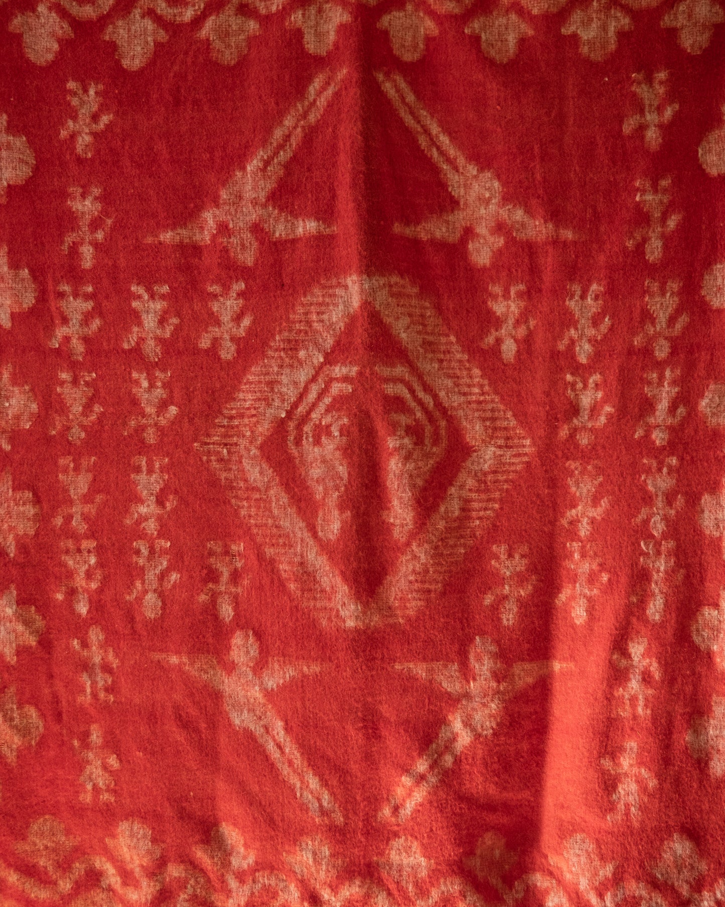 Vintage Red Wool Blanket with Parrots and Flowering Vines