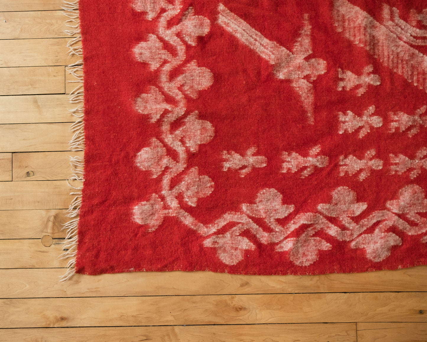 Vintage Red Wool Blanket with Parrots and Flowering Vines