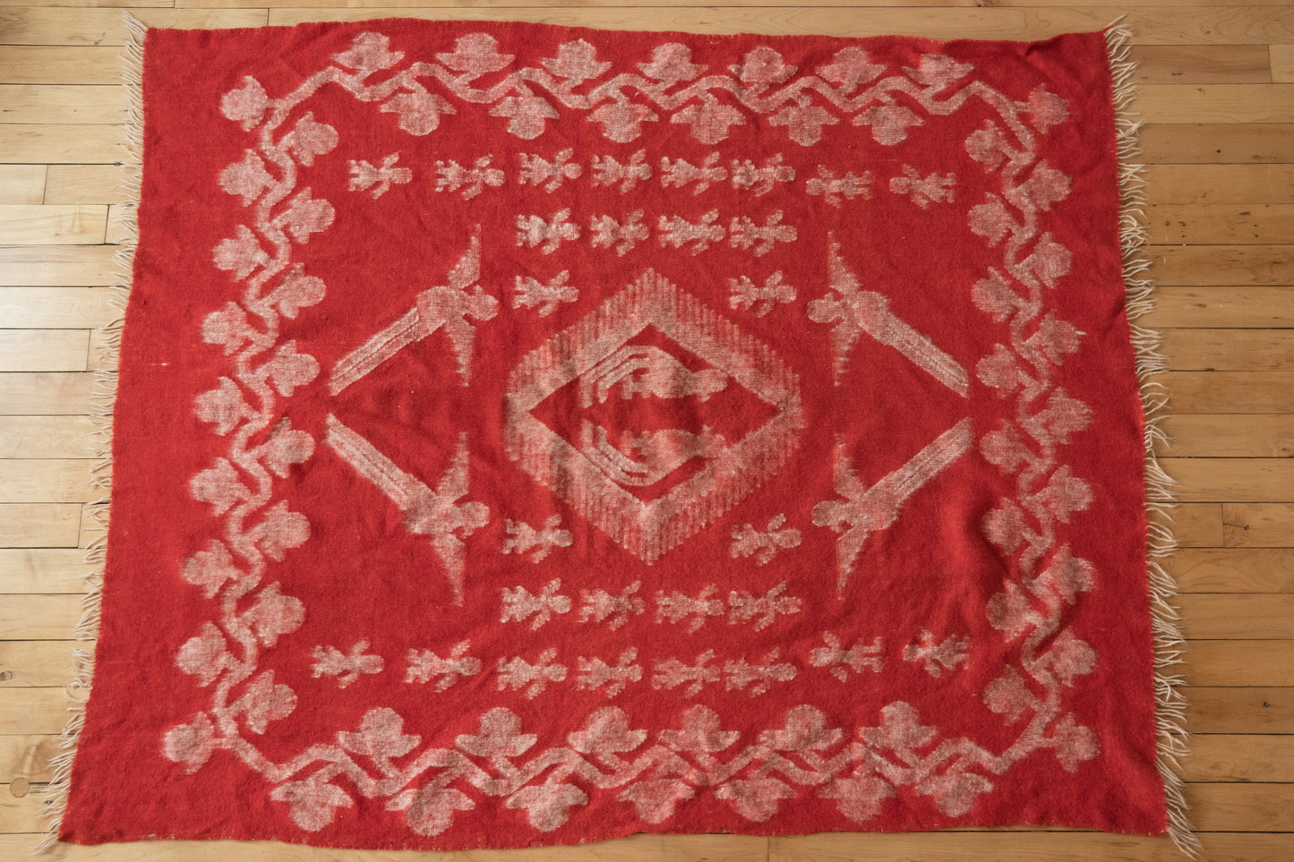 Vintage Red Wool Blanket with Parrots and Flowering Vines