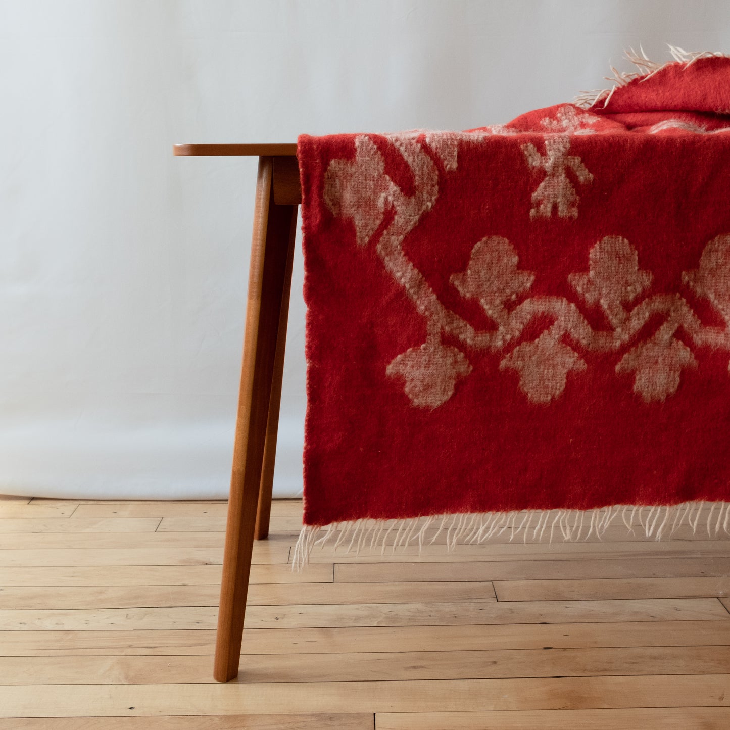 Vintage Red Wool Blanket with Parrots and Flowering Vines