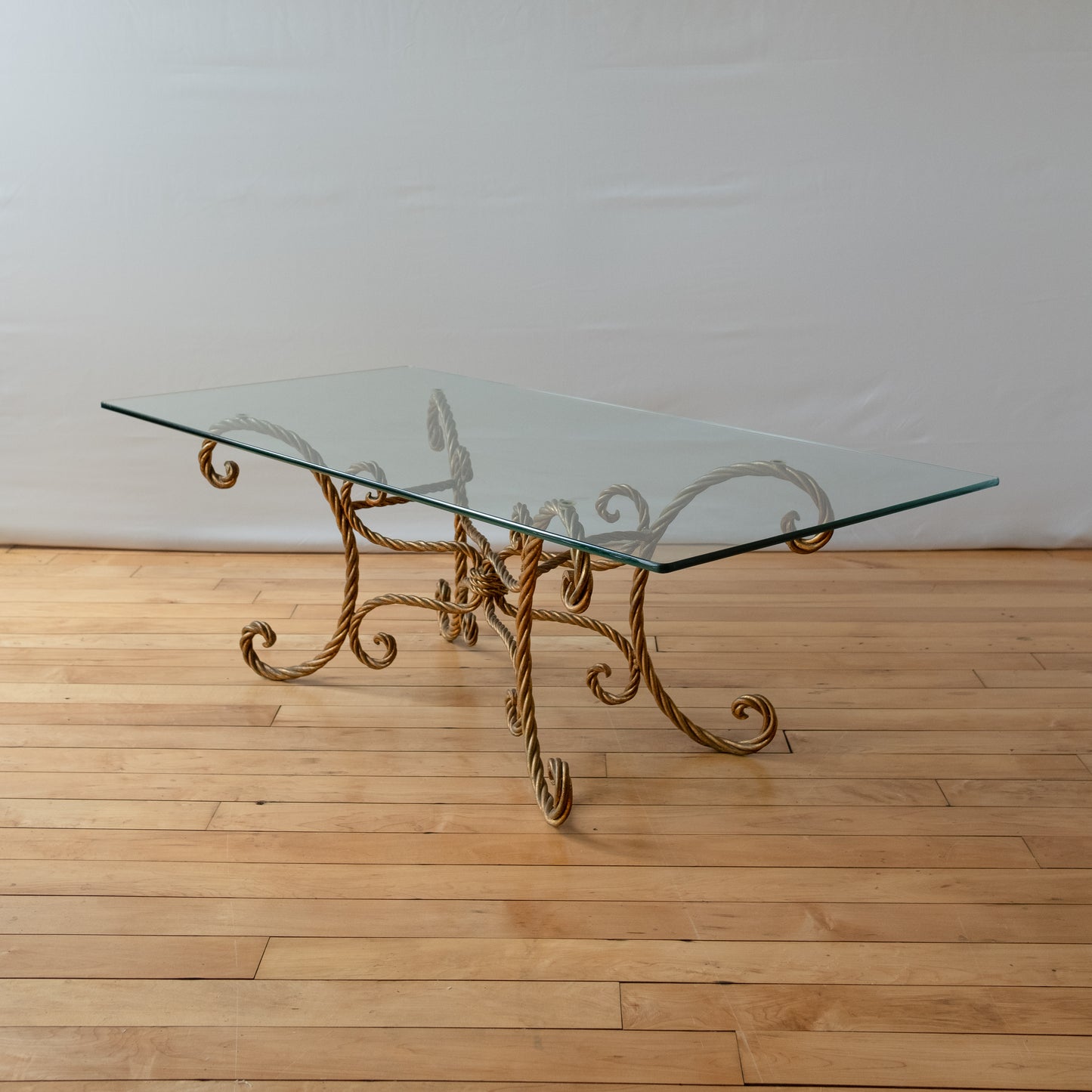 Gold Rope Hollywood Regency Style Glass Topped Coffee Table
