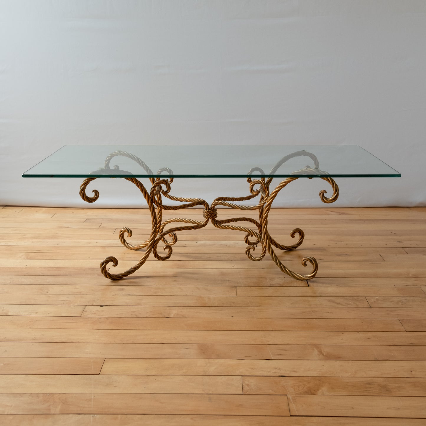 Gold Rope Hollywood Regency Style Glass Topped Coffee Table