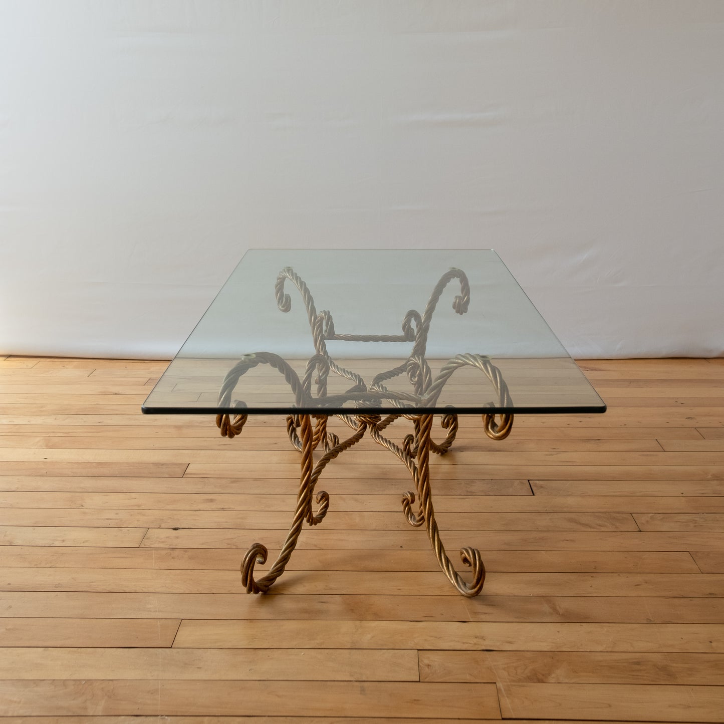 Gold Rope Hollywood Regency Style Glass Topped Coffee Table