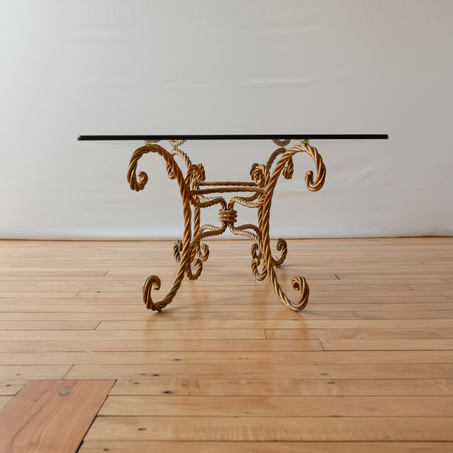 Gold Rope Hollywood Regency Style Glass Topped Coffee Table