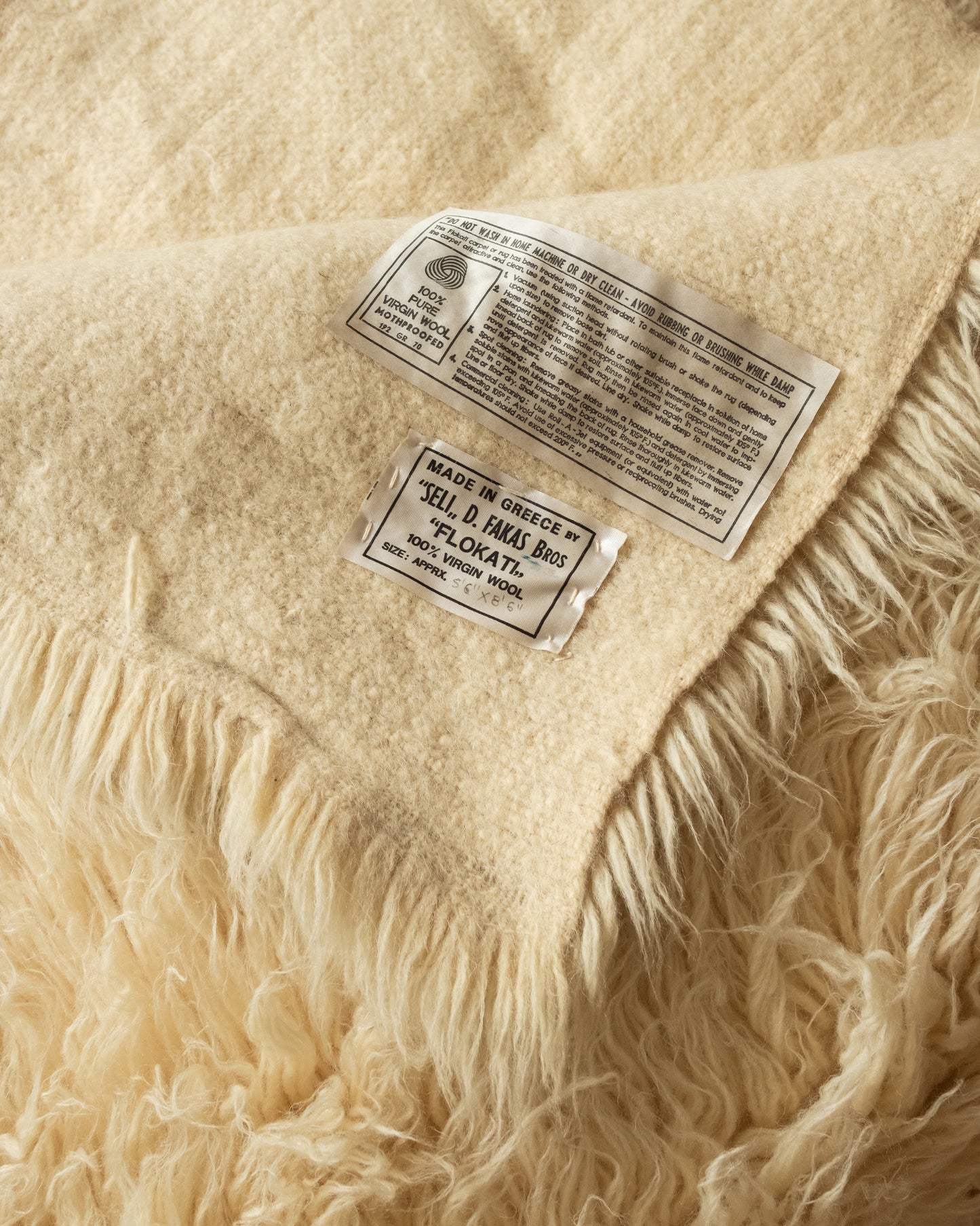 Vintage Greek Flokati Felted Wool Rug in Cream