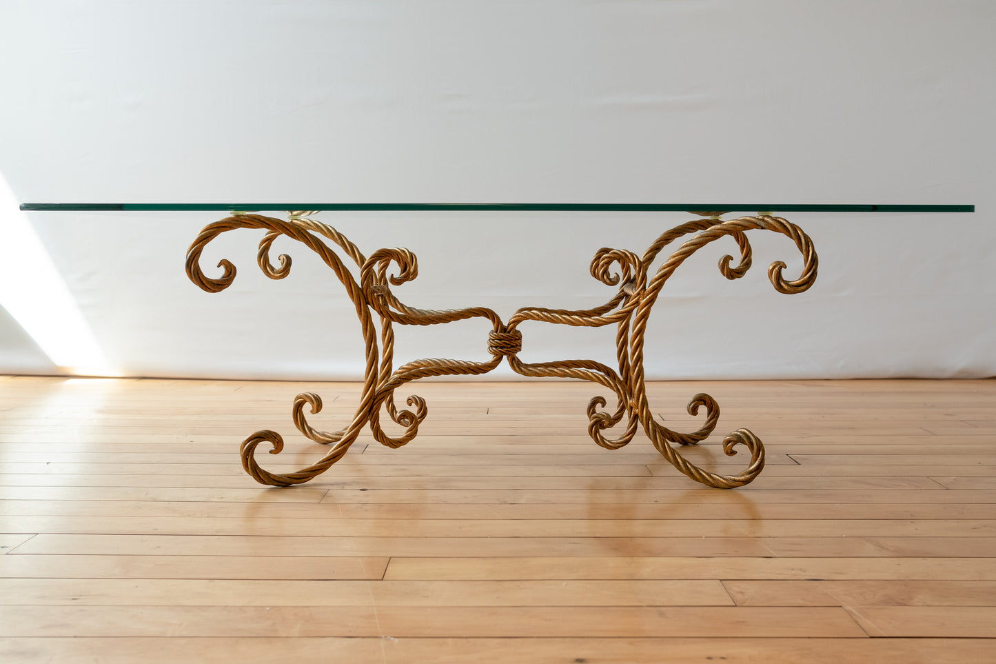 Gold Rope Hollywood Regency Style Glass Topped Coffee Table