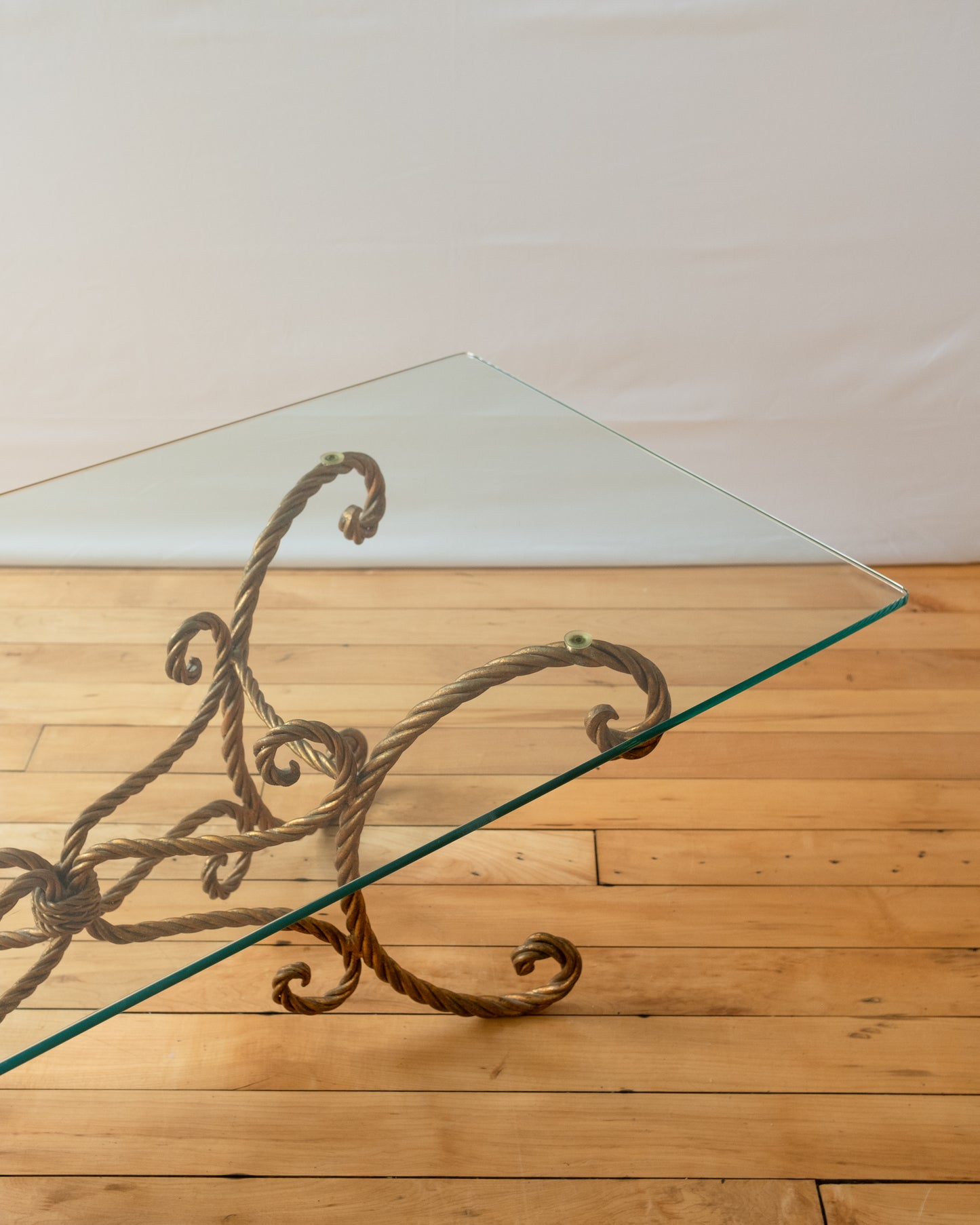 Gold Rope Hollywood Regency Style Glass Topped Coffee Table