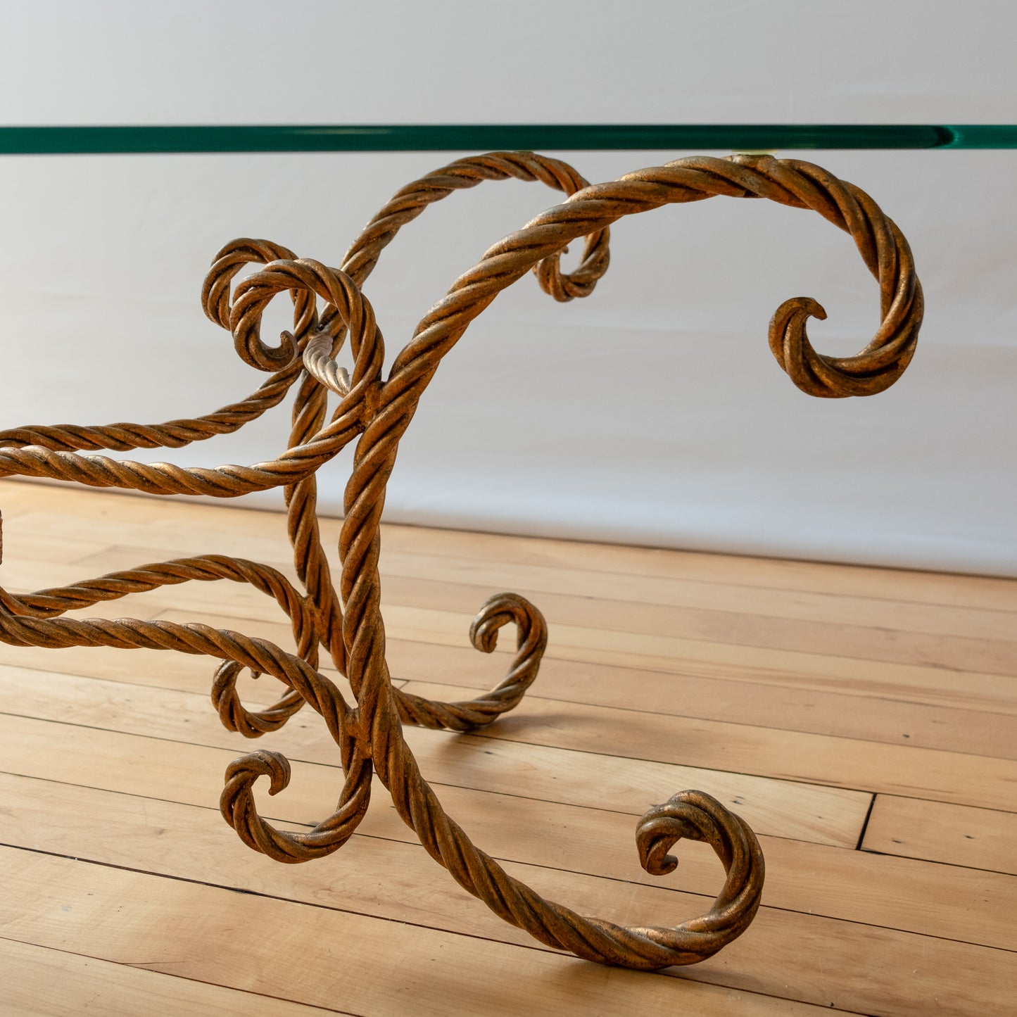 Gold Rope Hollywood Regency Style Glass Topped Coffee Table