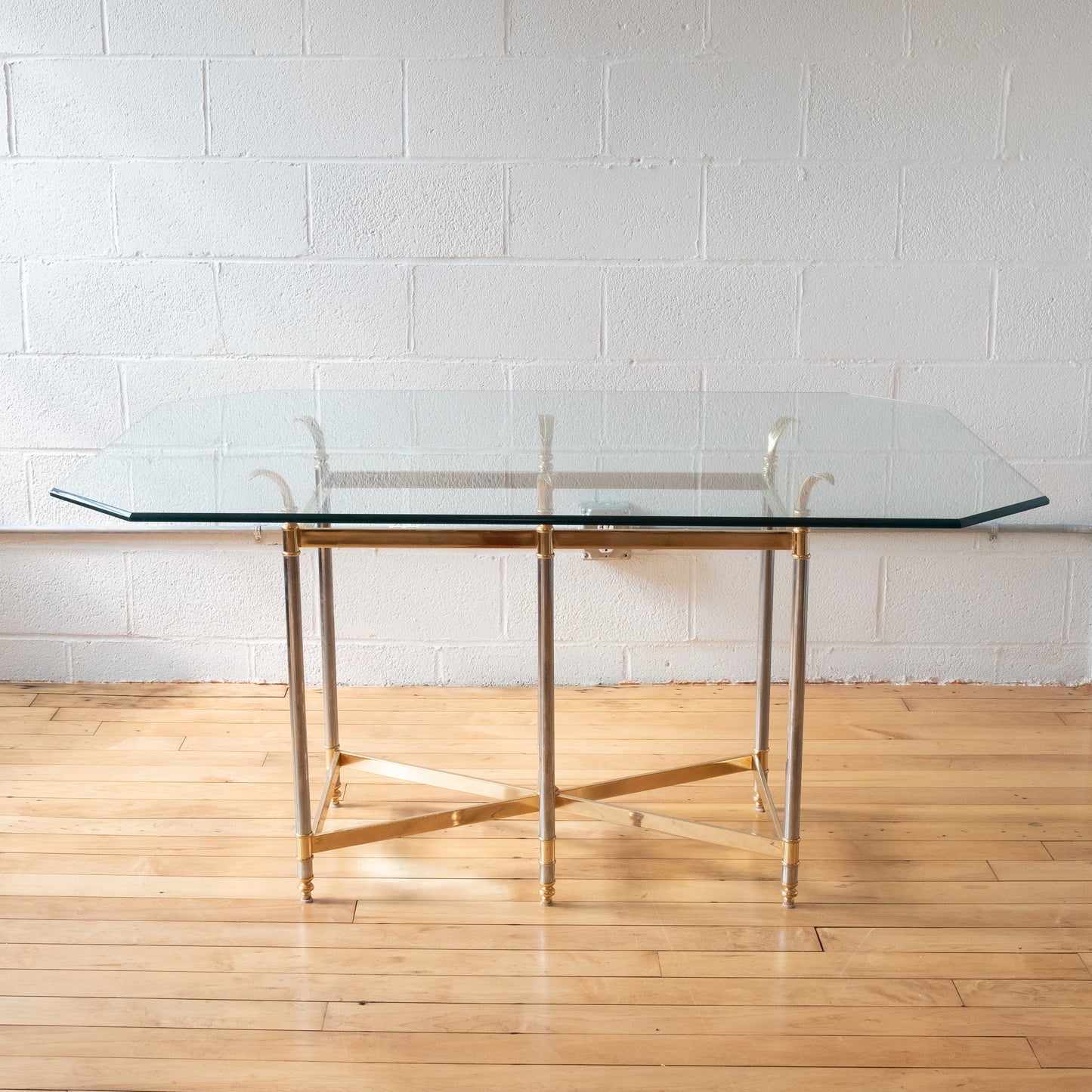 Hollywood Regency Glass Dining Table with Brass and Chrome Base