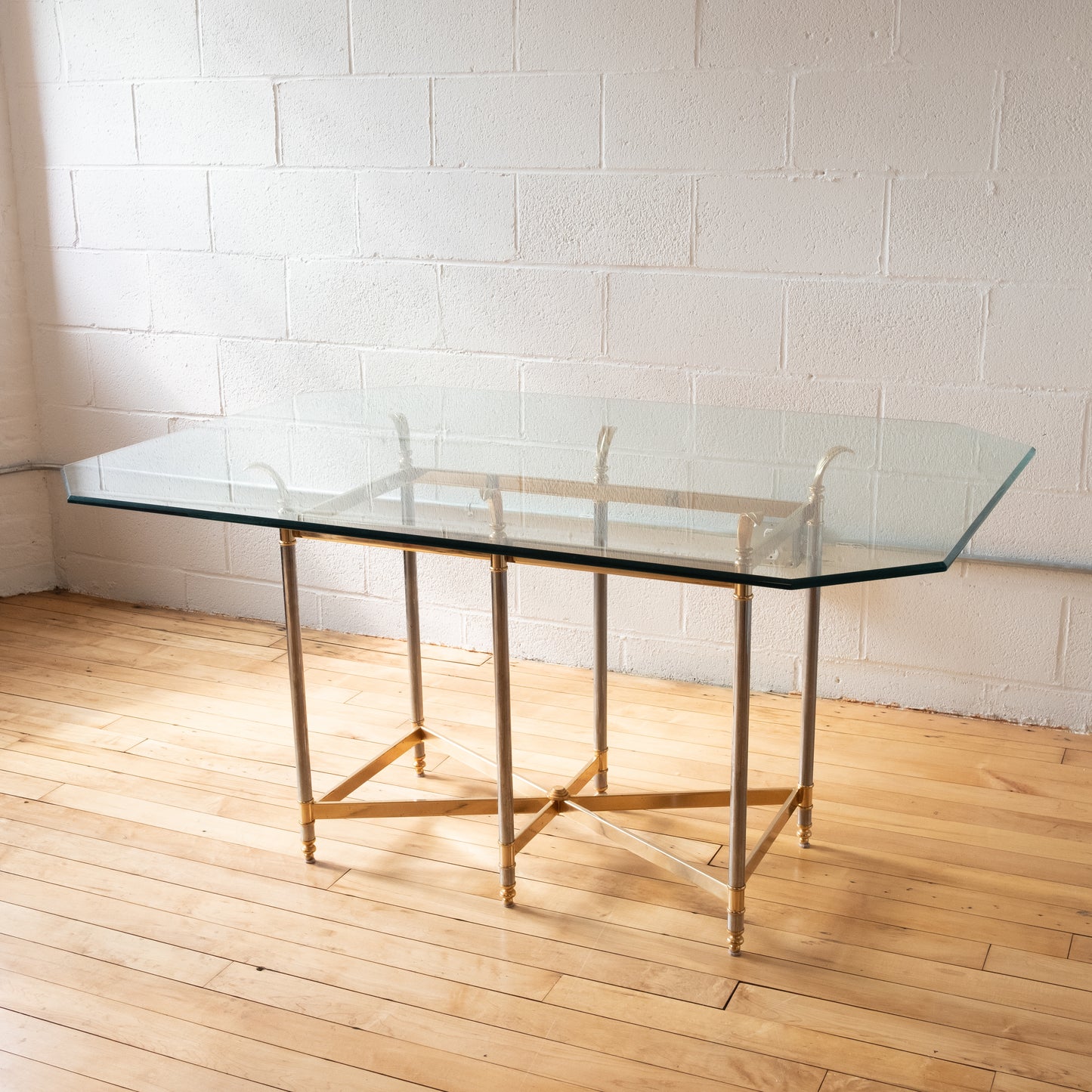 Hollywood Regency Glass Dining Table with Brass and Chrome Base