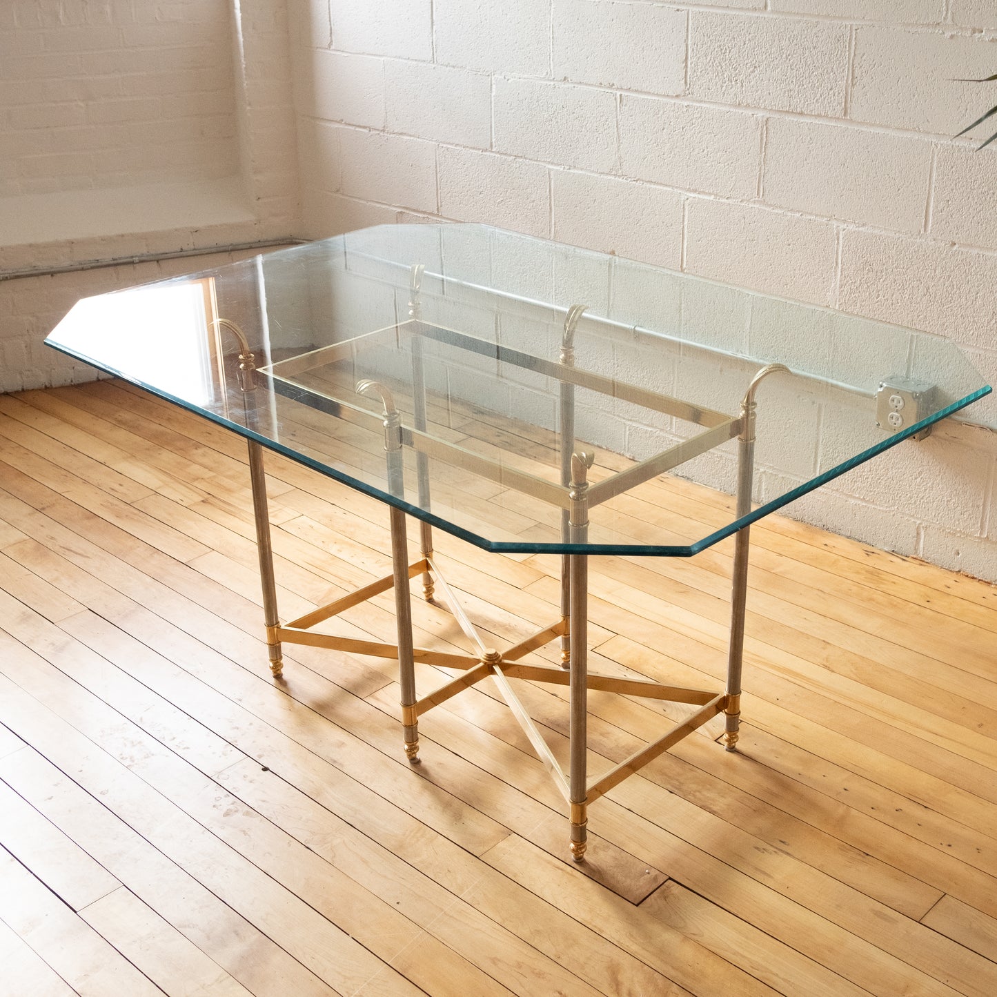 Hollywood Regency Glass Dining Table with Brass and Chrome Base
