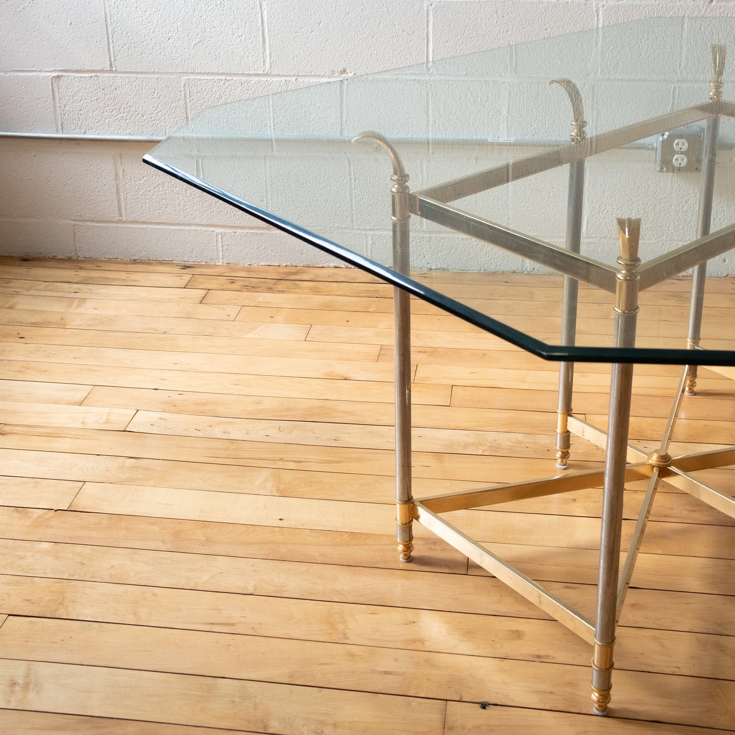 Hollywood Regency Glass Dining Table with Brass and Chrome Base