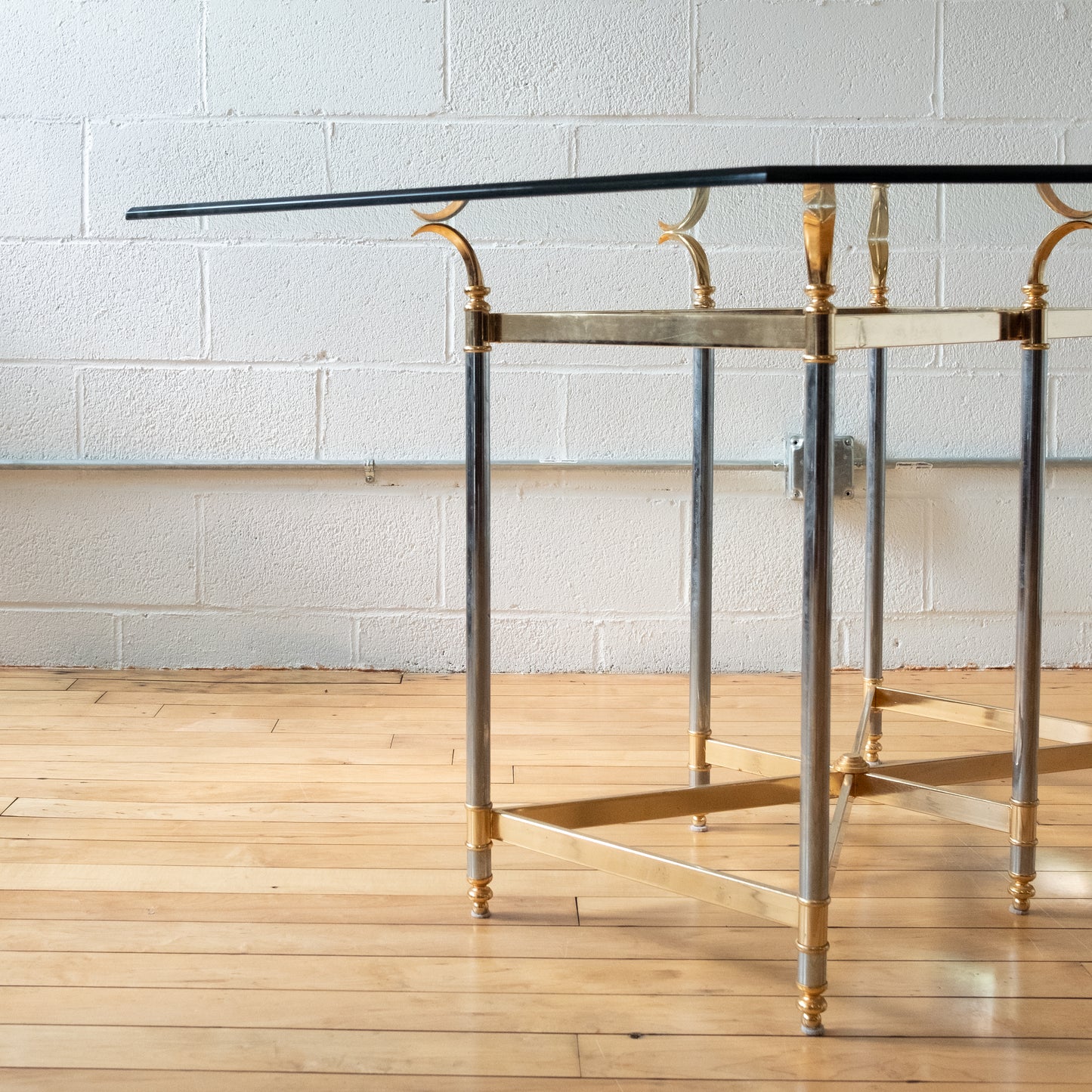 Hollywood Regency Glass Dining Table with Brass and Chrome Base