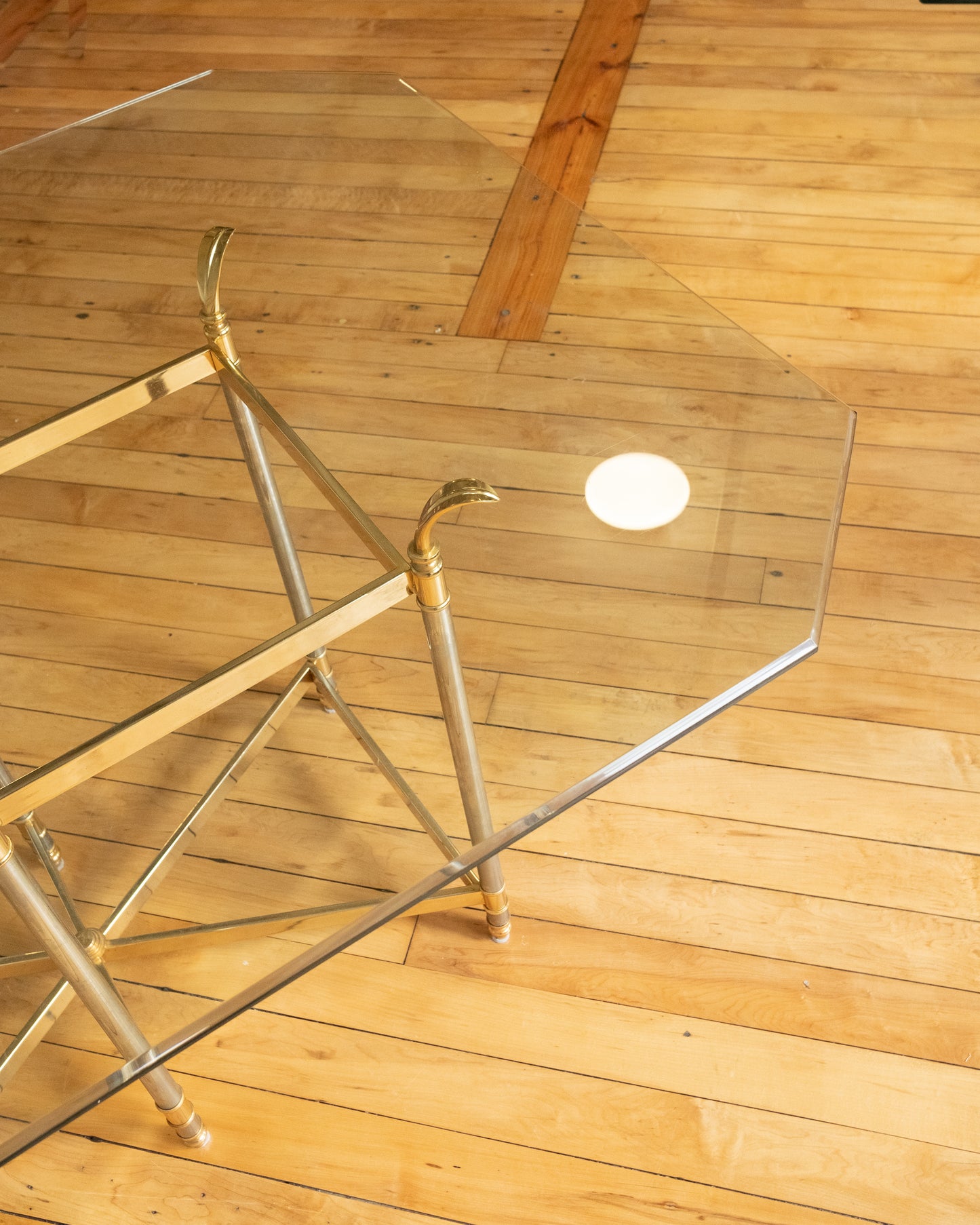 Hollywood Regency Glass Dining Table with Brass and Chrome Base
