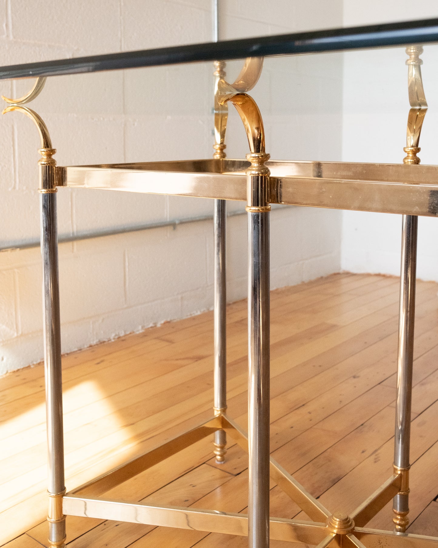 Hollywood Regency Glass Dining Table with Brass and Chrome Base