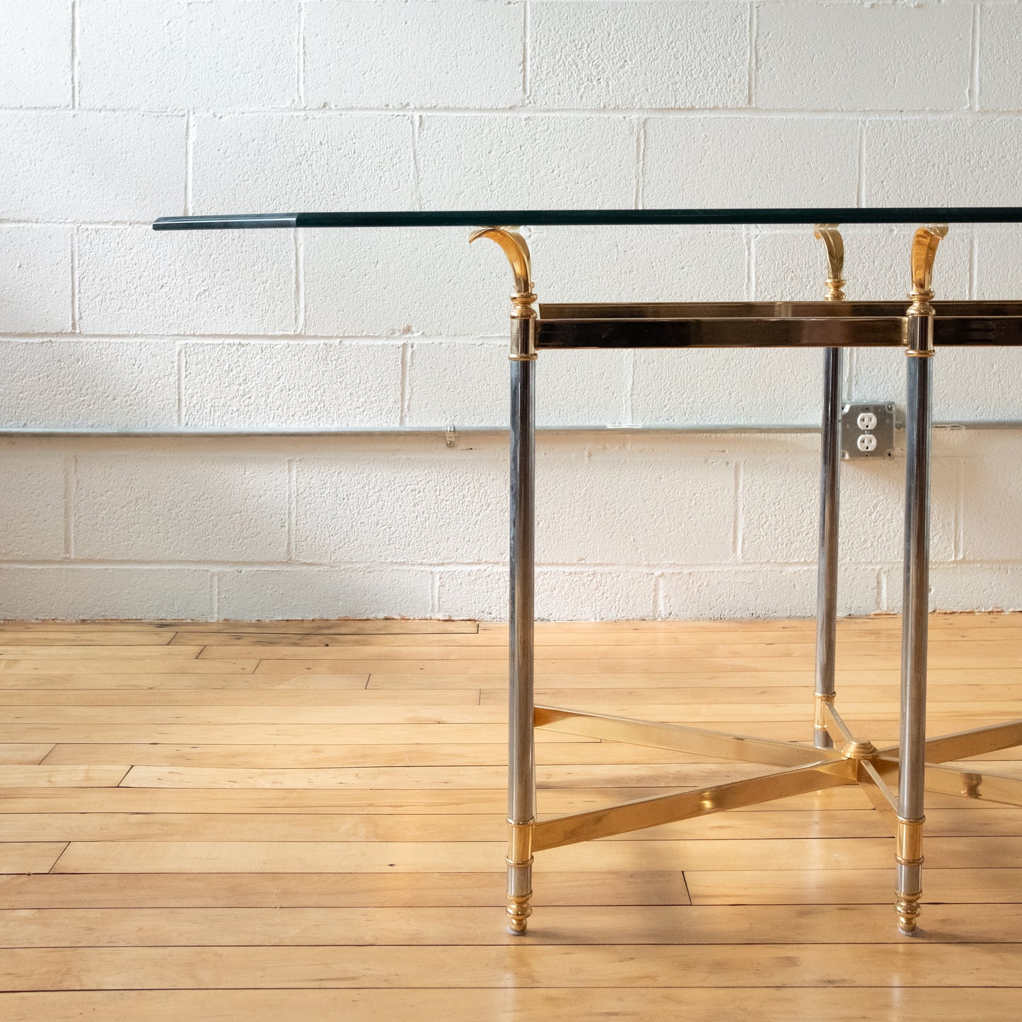 Hollywood Regency Glass Dining Table with Brass and Chrome Base
