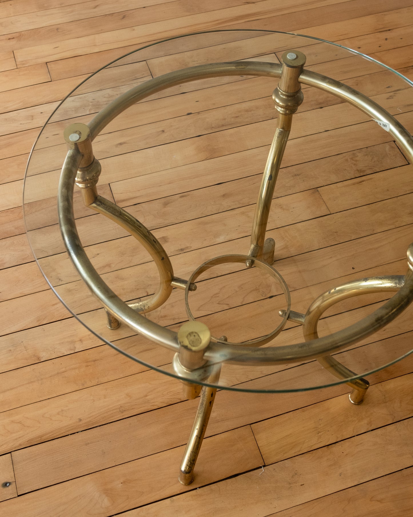 Vintage Brass Italian Round Side Table with Glass Top