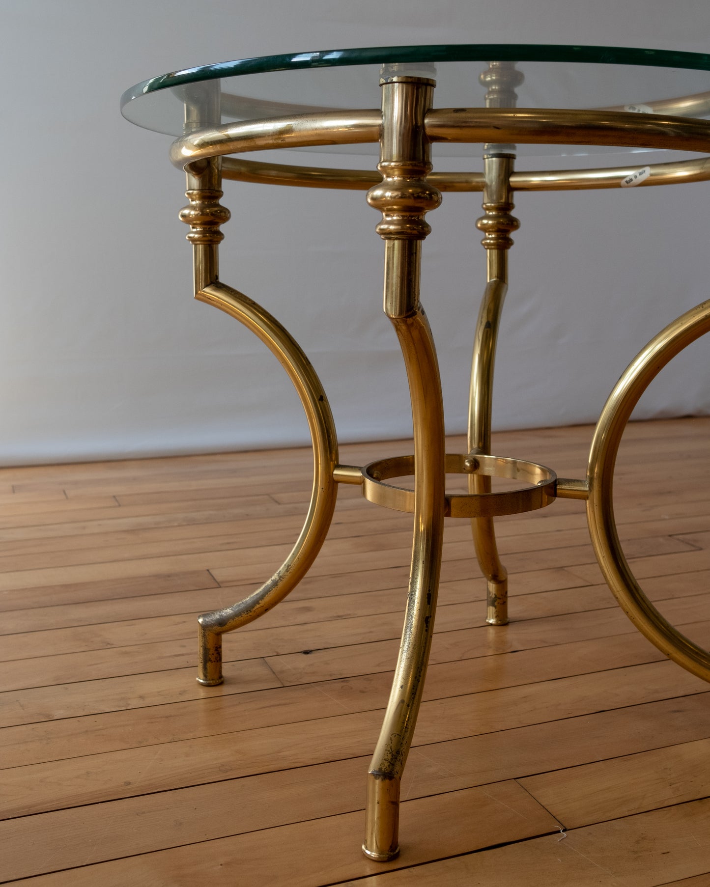 Vintage Brass Italian Round Side Table with Glass Top