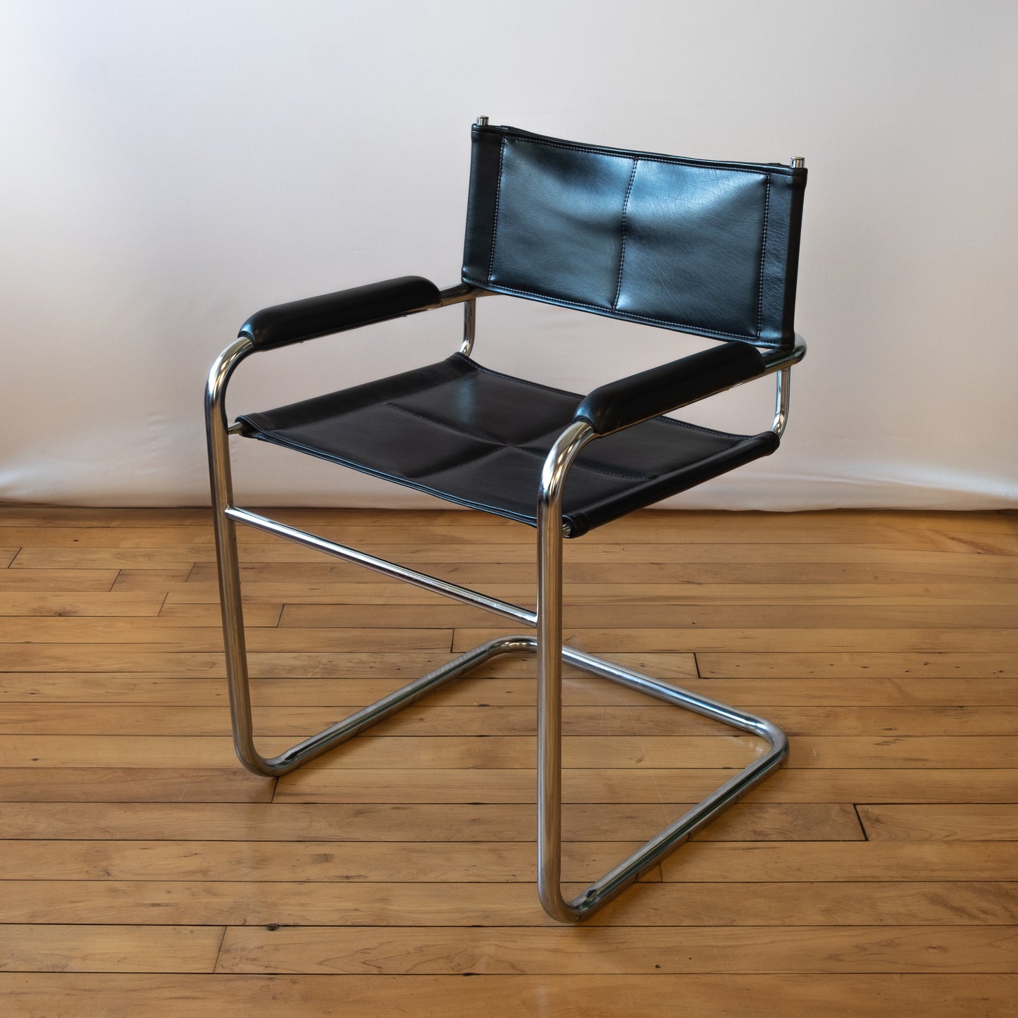 Black Leather & Chrome Cantilevered Chair Pair in style of Marcel Breuer