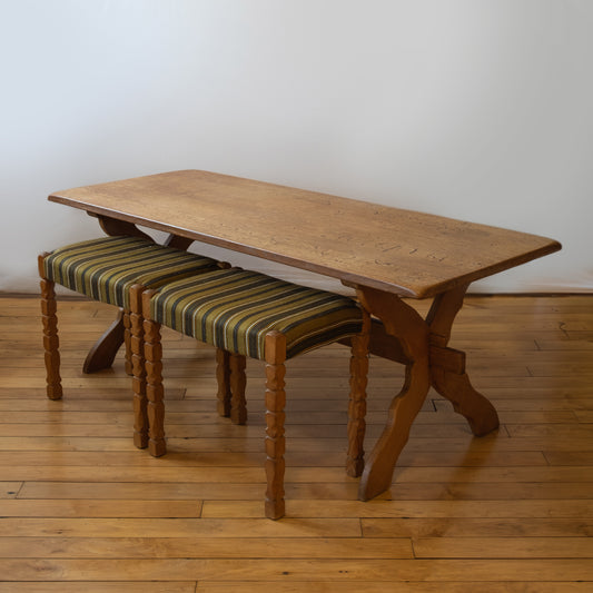 Danish Trestle Base Tea Table with Upholstered Stool in manner of Henning Kjaernulf