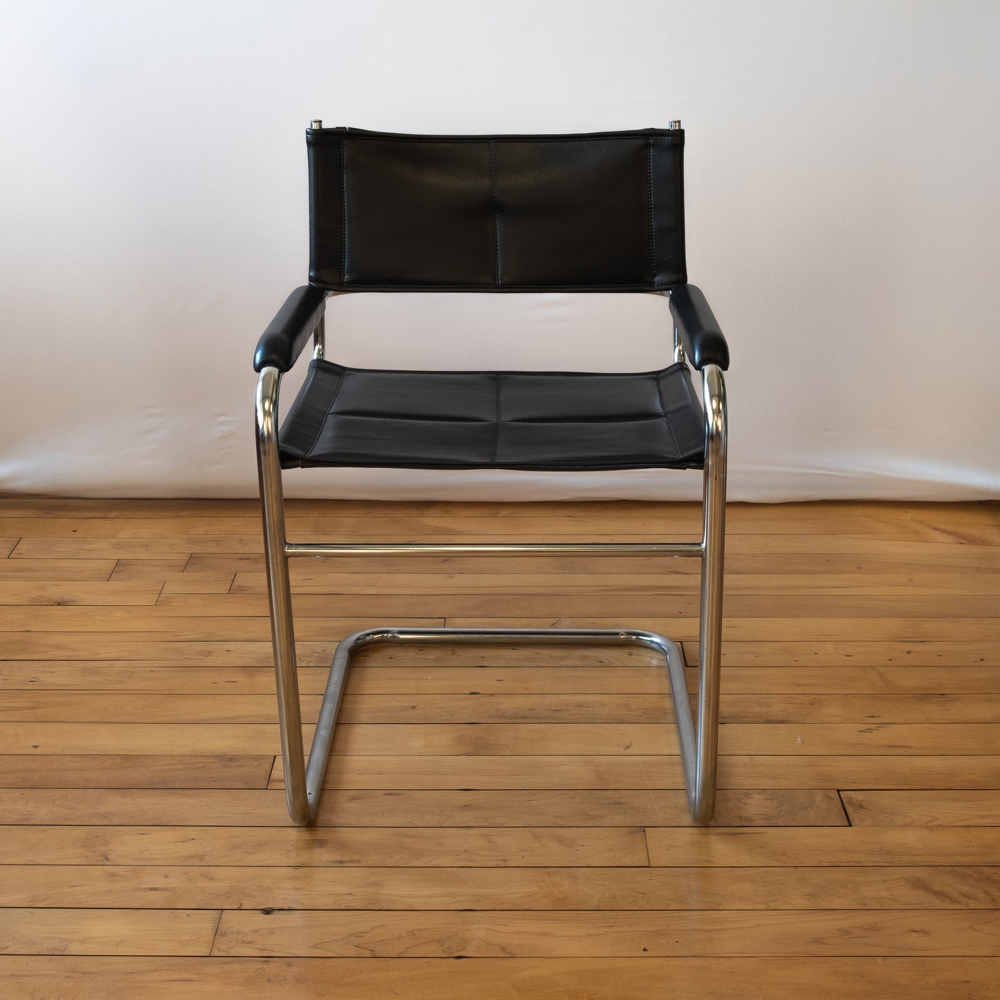 Black Leather & Chrome Cantilevered Chair Pair in style of Marcel Breuer