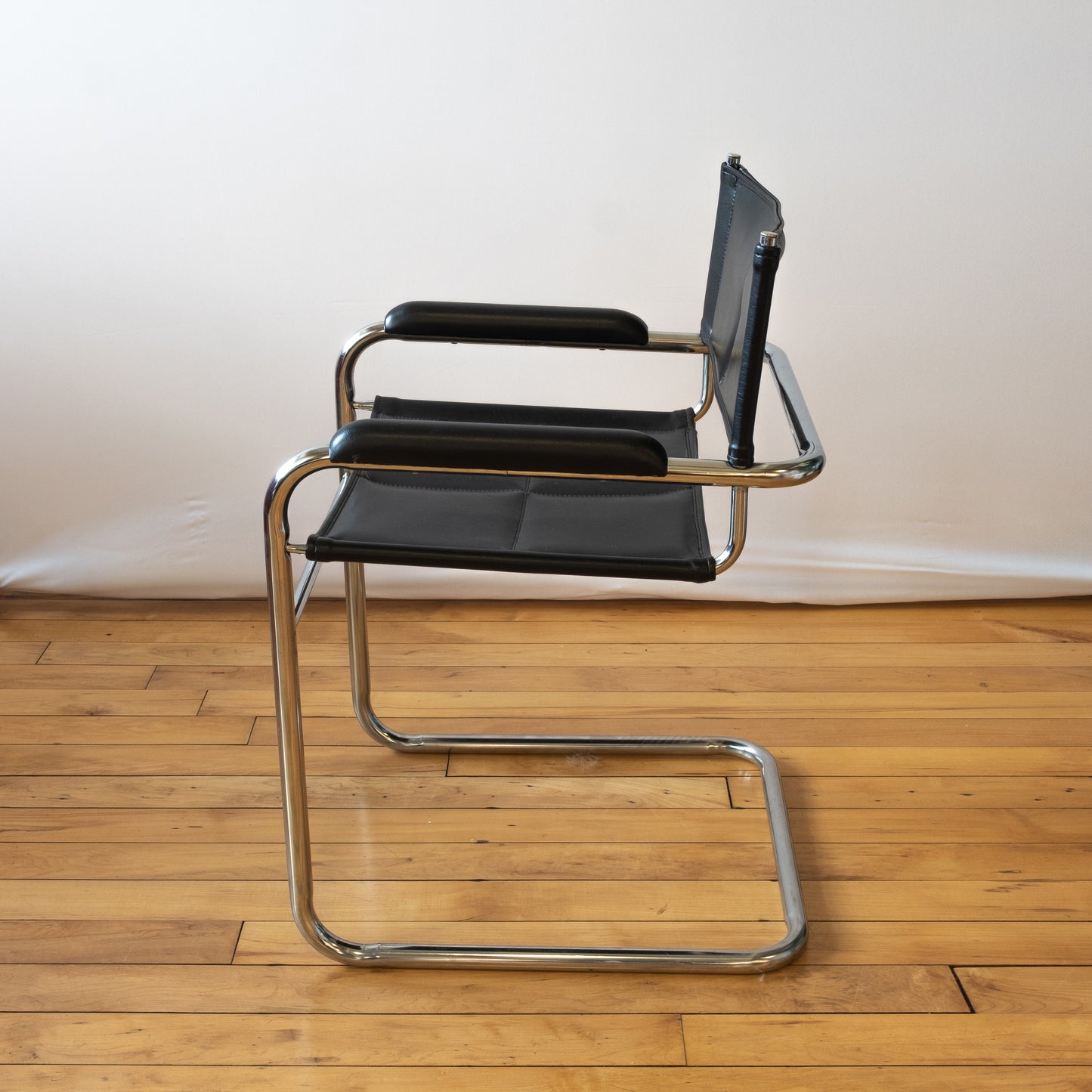 Black Leather & Chrome Cantilevered Chair Pair in style of Marcel Breuer