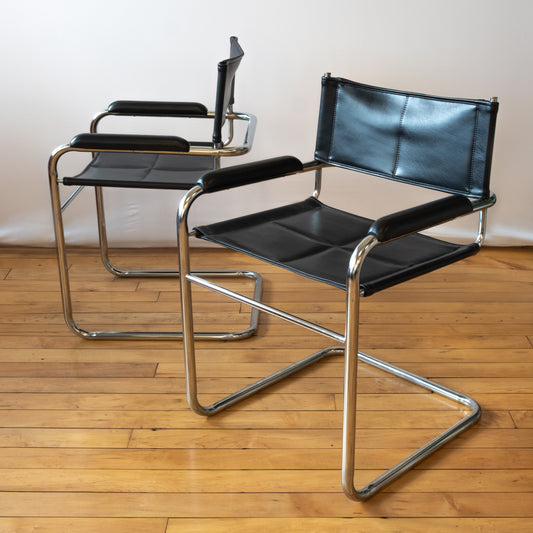 Black Leather & Chrome Cantilevered Chair Pair in style of Marcel Breuer