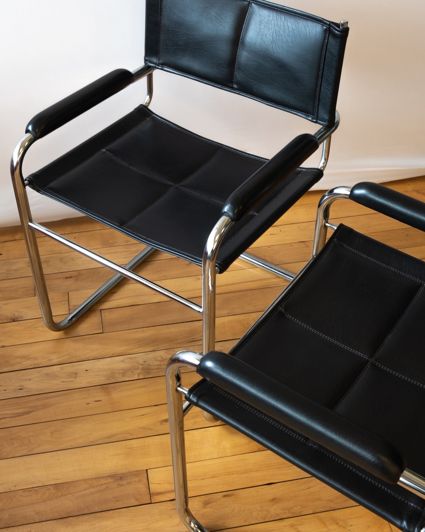 Black Leather & Chrome Cantilevered Chair Pair in style of Marcel Breuer