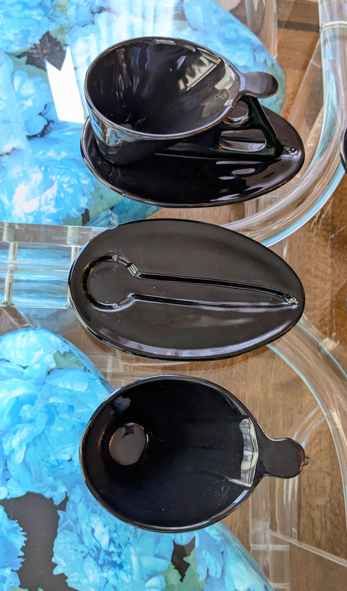 Postmodern Ceramic Black Cups and Saucers by Charles Nalle