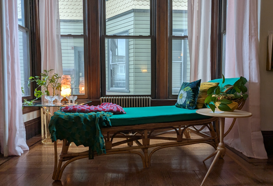 Antique Bamboo Chaise with Emerald Satin Cushions