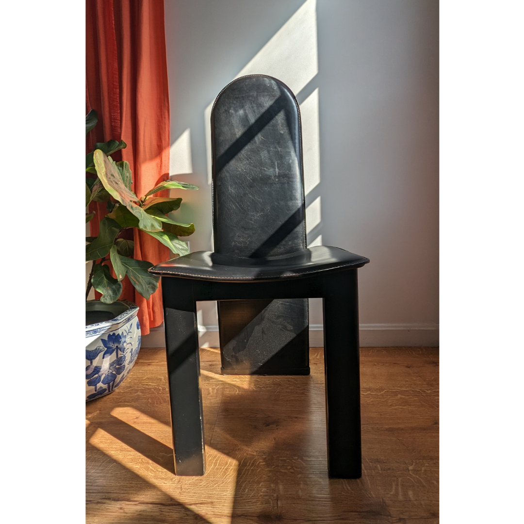 1980s Italian Black Postmodern Leather Dining Chairs