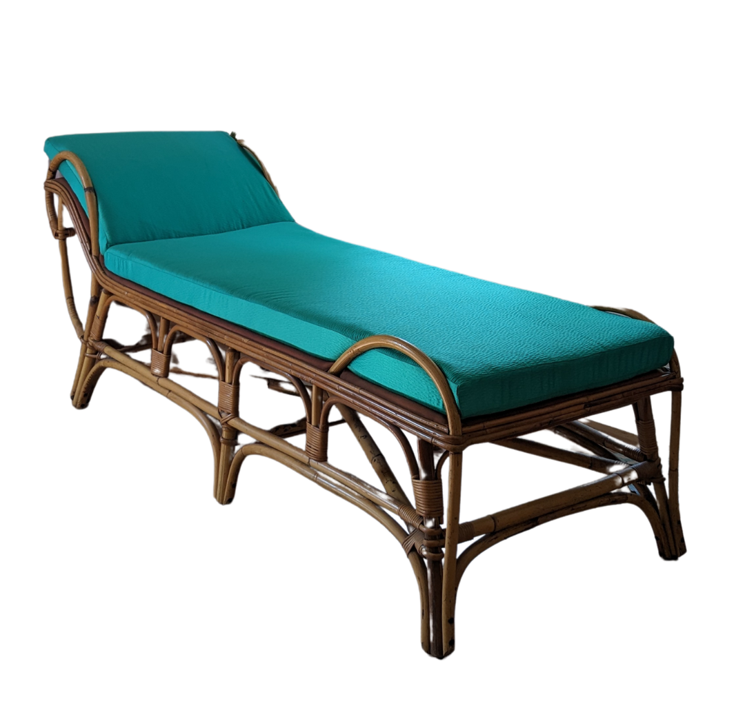 Antique Bamboo Chaise with Emerald Satin Cushions