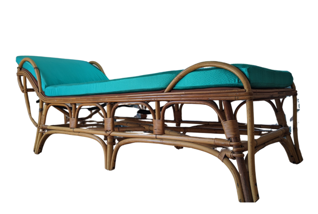 Antique Bamboo Chaise with Emerald Satin Cushions