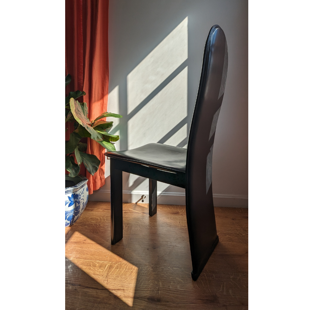 1980s Italian Black Postmodern Leather Dining Chairs