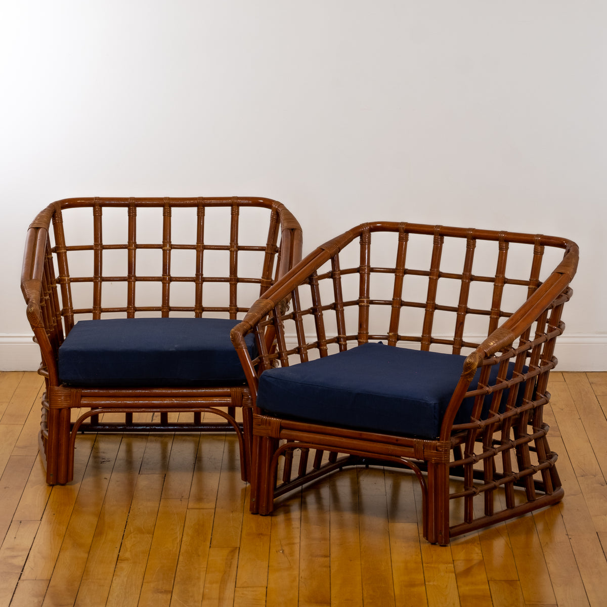Pair of Vintage 70s Bamboo Lounge Armchairs Attributed to Ficks Reed