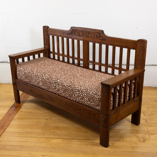 1930s English Oak Arts and Crafts Style Bench with Carved Detail