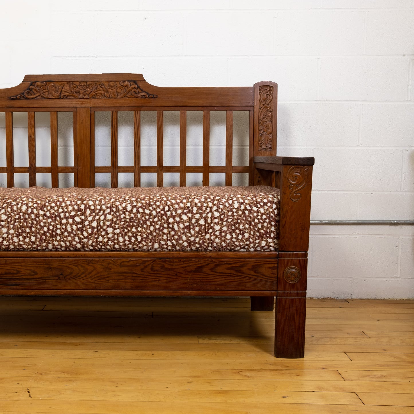 1930s English Oak Arts and Crafts Style Bench with Carved Detail
