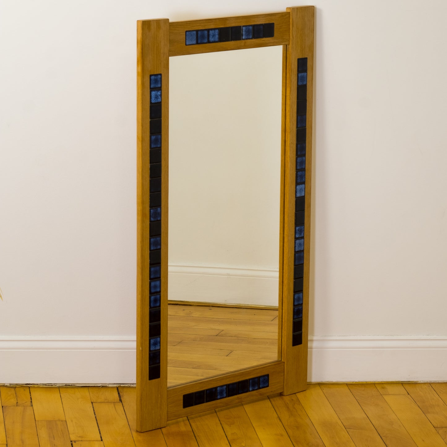Danish Oak Mirror Inset with Blue Ceramic Tile c. 1970s