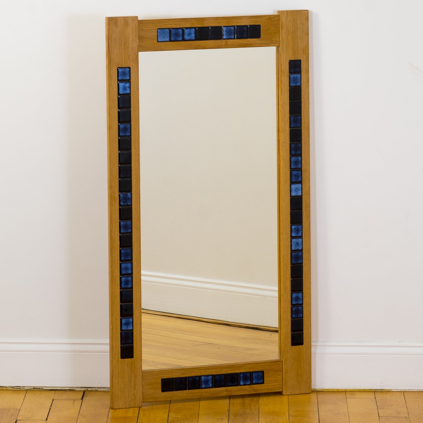 Danish Oak Mirror Inset with Blue Ceramic Tile c. 1970s