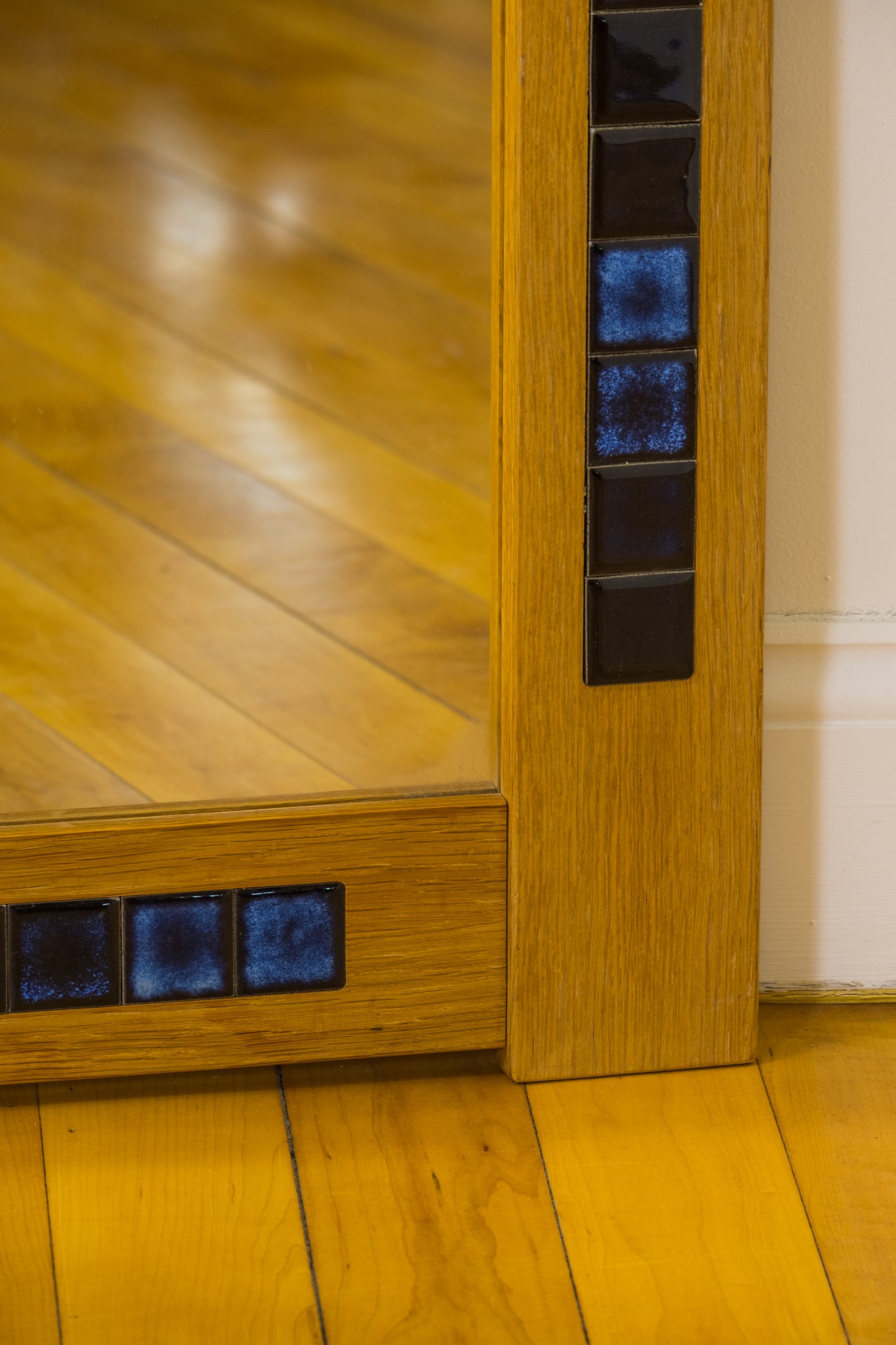 Danish Oak Mirror Inset with Blue Ceramic Tile c. 1970s