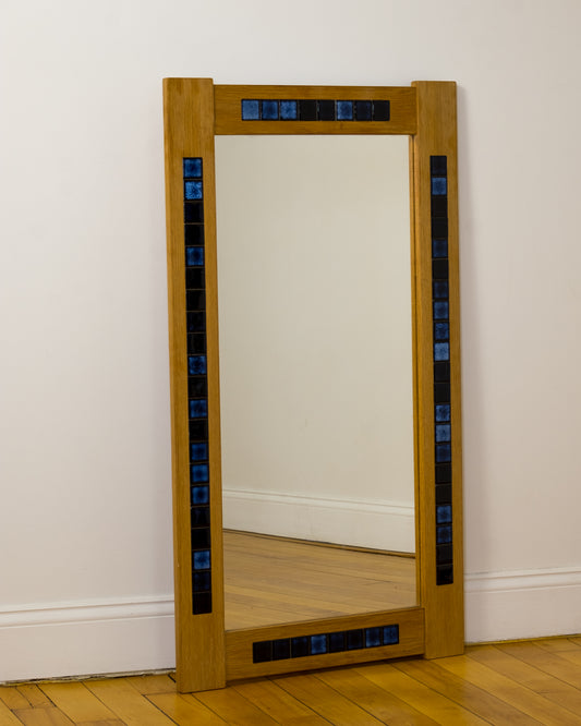 Danish Oak Mirror Inset with Blue Ceramic Tile c. 1970s