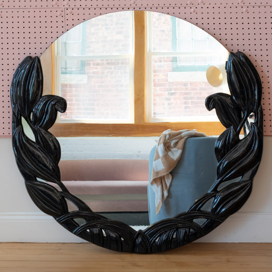 Vintage Round Black Lacquered Tulip Mirror