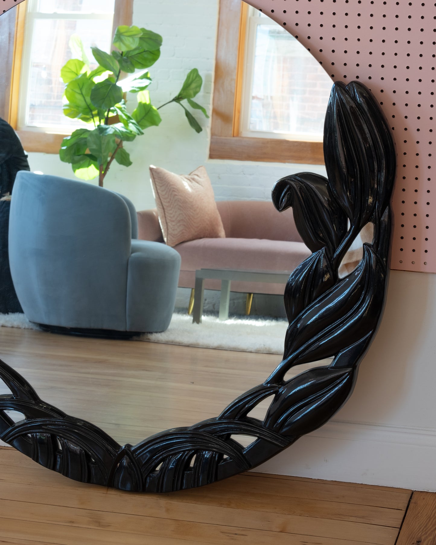 Vintage Round Black Lacquered Tulip Mirror