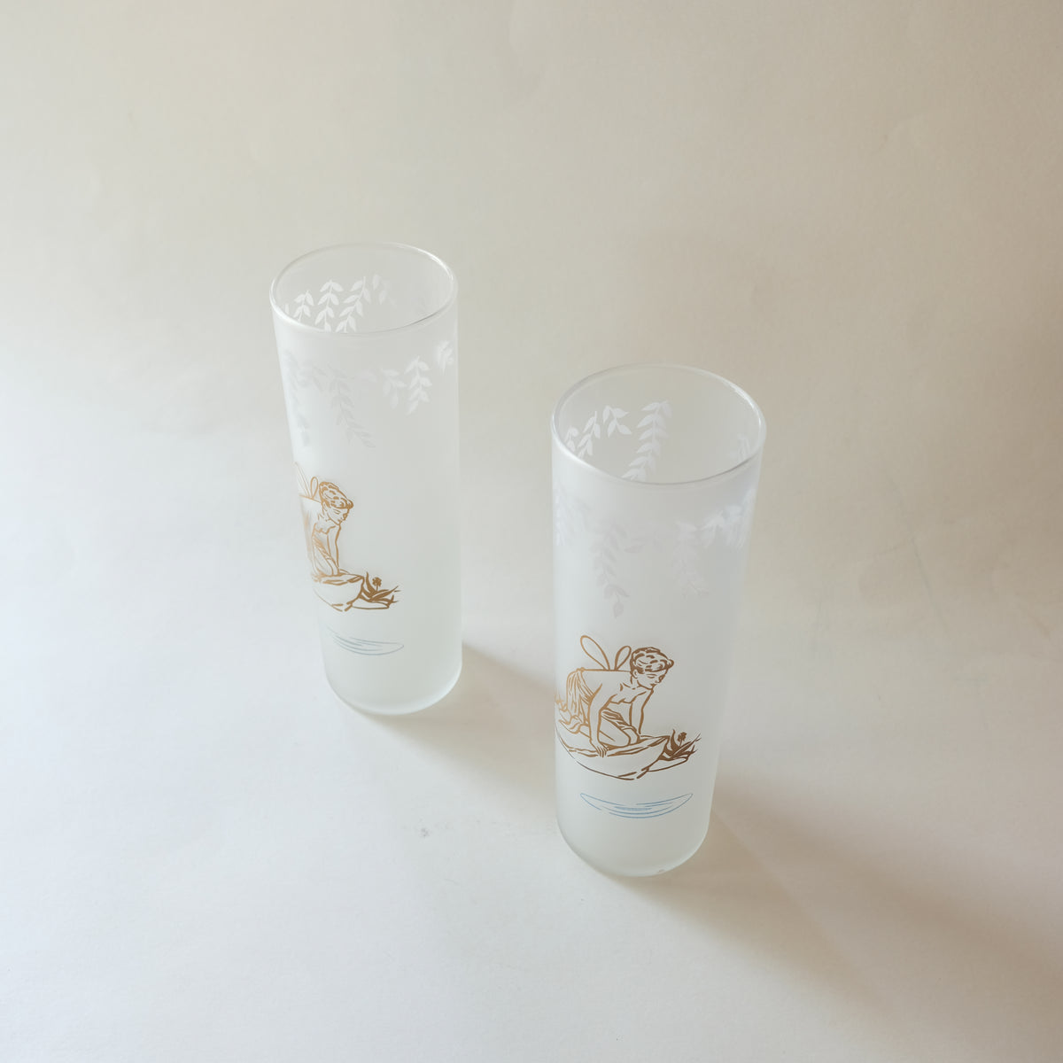 Set of 6 Vintage Frosted Highball Glass Tumblers with Gilded Fairy Motif by Libbey