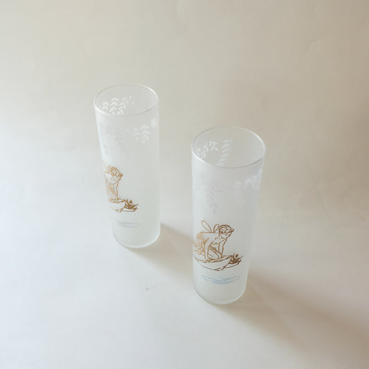 Set of 6 Vintage Frosted Highball Glass Tumblers with Gilded Fairy Motif by Libbey